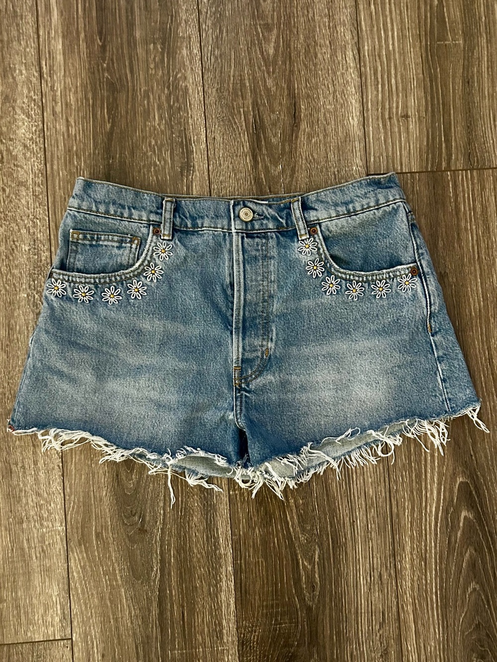 Reformation Charlie High Rise Daisy Embroidered Button Fly Denim Shorts Sz 29